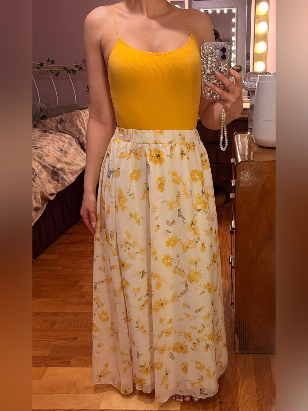 NWT Women's Yellow Floral Maxi Skirt - Lightweight Chiffon
